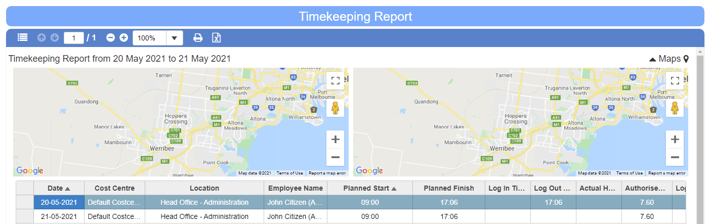 Figure #48: Timekeeping Report – Google Map view