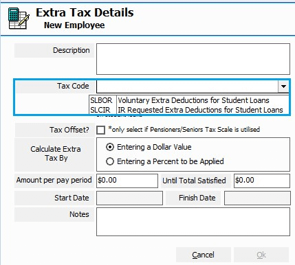 Employee File ‘Extra Tax’ Tab; Tax Code